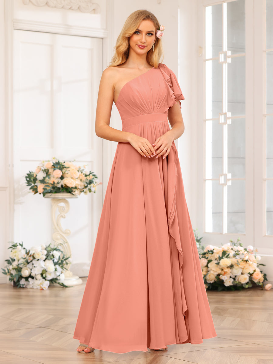 A-Line/Princess One-Shoulder Long Wedding Party Dresses with Split Side Salmon
