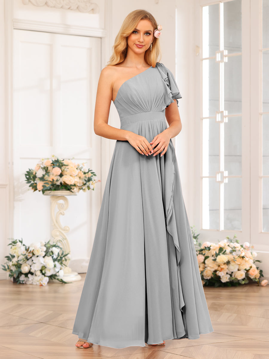 A-Line/Princess One-Shoulder Long Wedding Party Dresses with Split Side Silver
