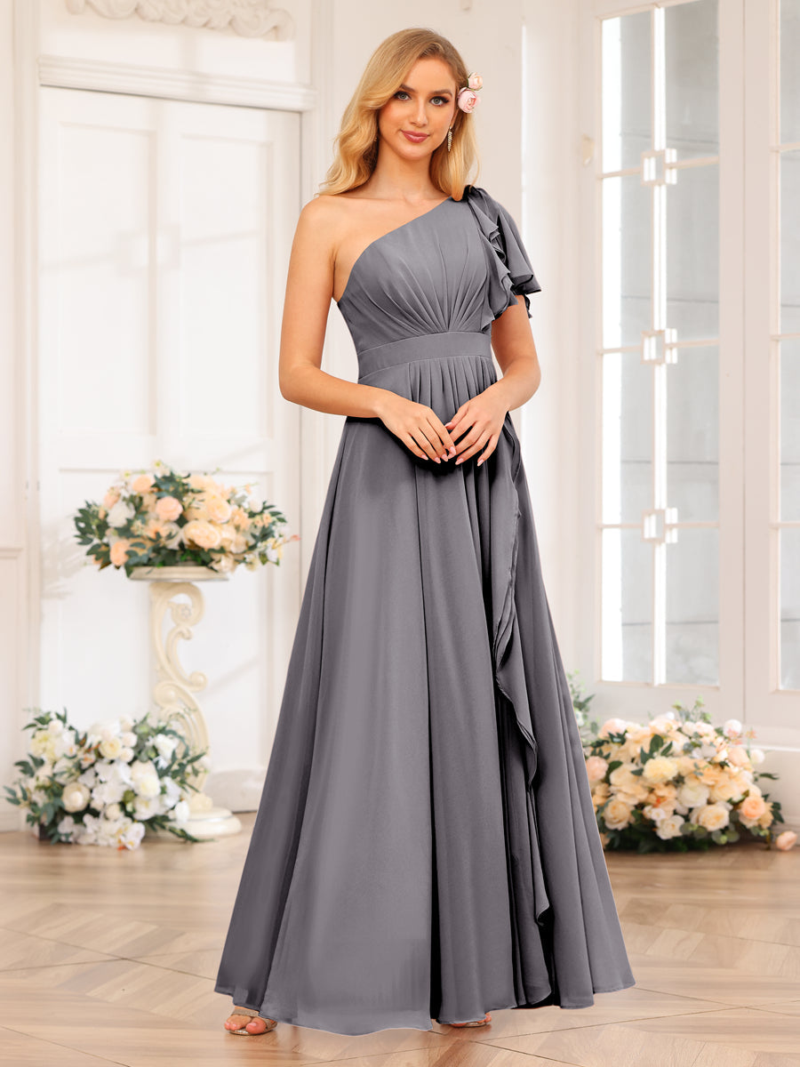 A-Line/Princess One-Shoulder Long Wedding Party Dresses with Split Side Silver Gray