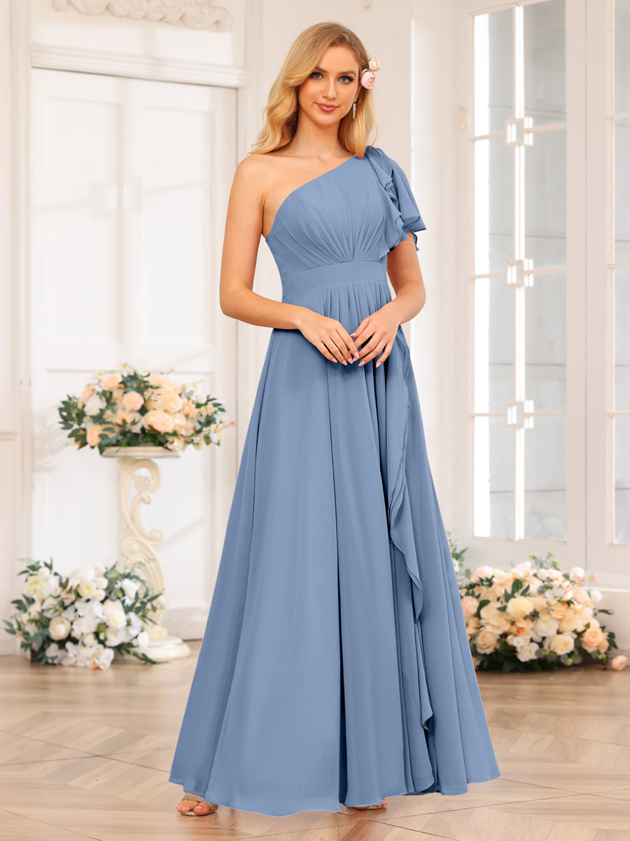 A-Line/Princess One-Shoulder Long Wedding Party Dresses with Split Side Steel Blue