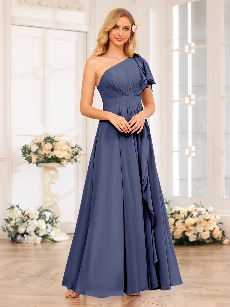 A-Line/Princess One-Shoulder Long Wedding Party Dresses with Split Side Stormy Blue