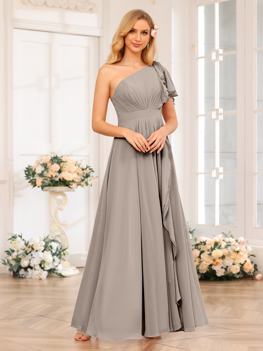 A-Line/Princess One-Shoulder Long Wedding Party Dresses with Split Side Taupe