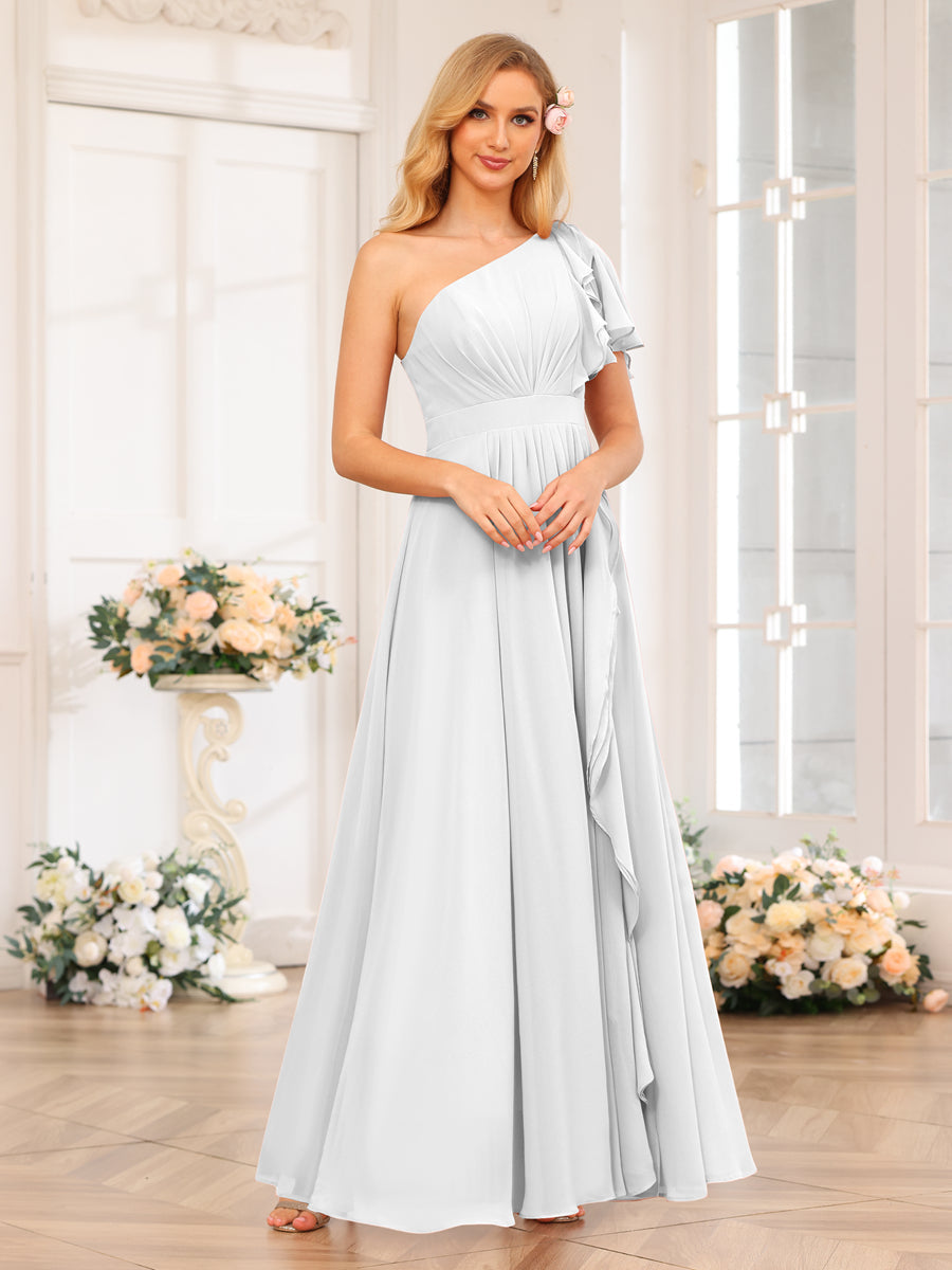 A-Line/Princess One-Shoulder Long Wedding Party Dresses with Split Side White