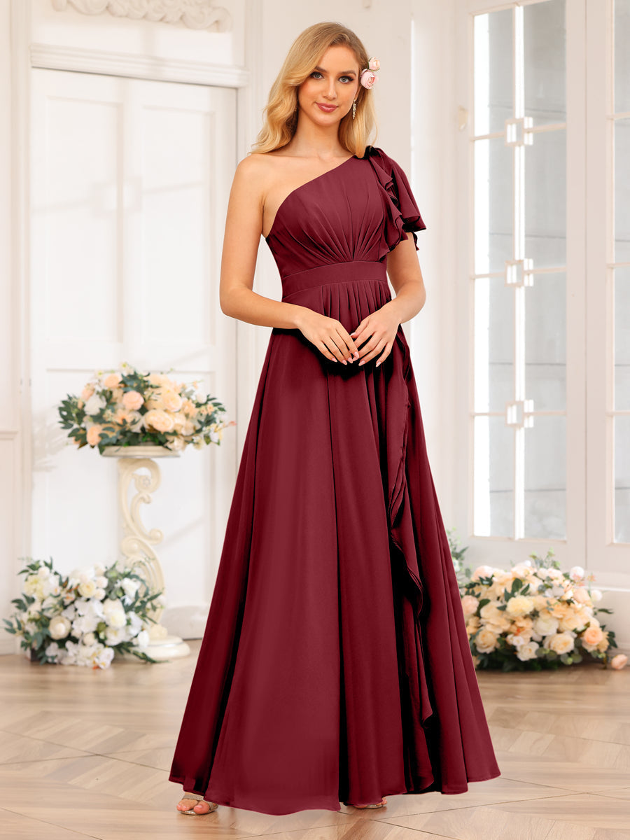 A-Line/Princess One-Shoulder Long Wedding Party Dresses with Split Side Wine Red