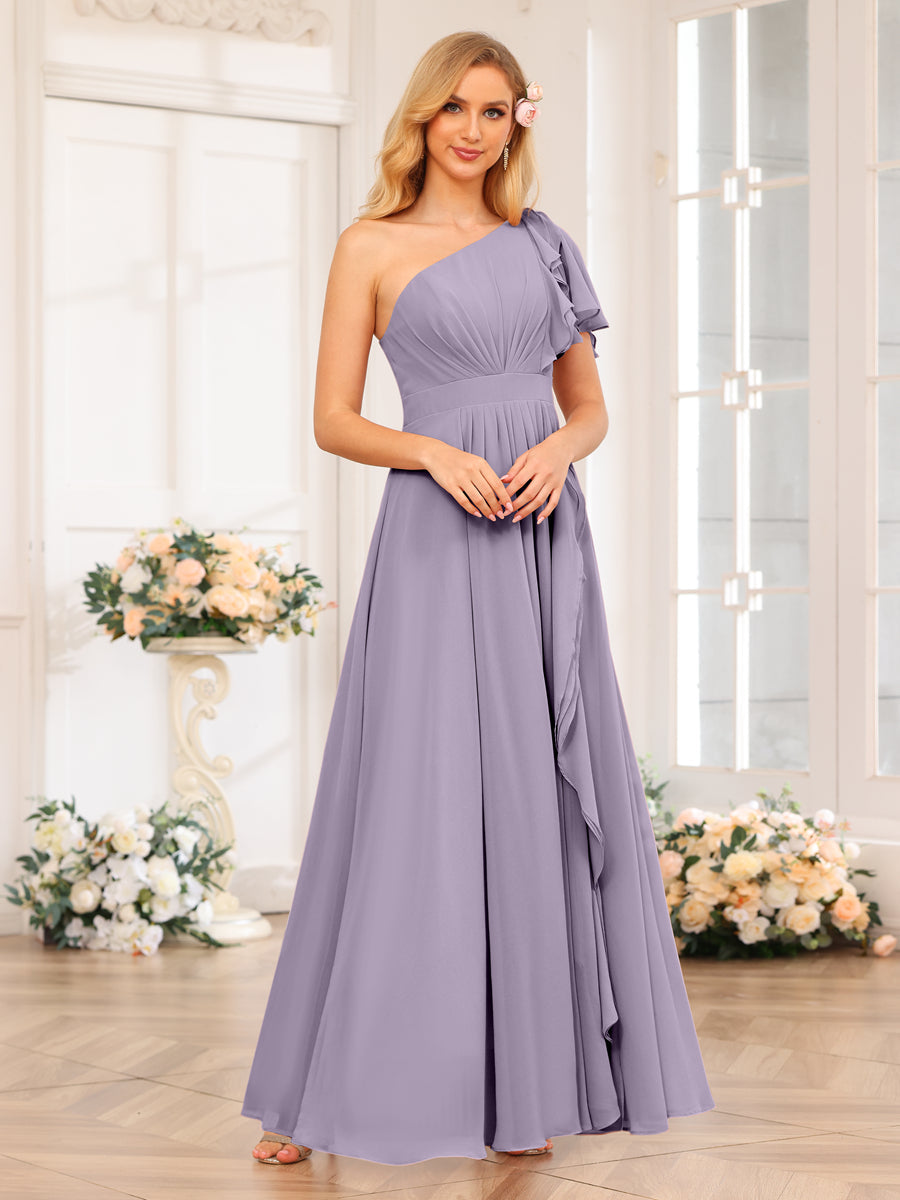 A-Line/Princess One-Shoulder Long Wedding Party Dresses with Split Side Wisteria