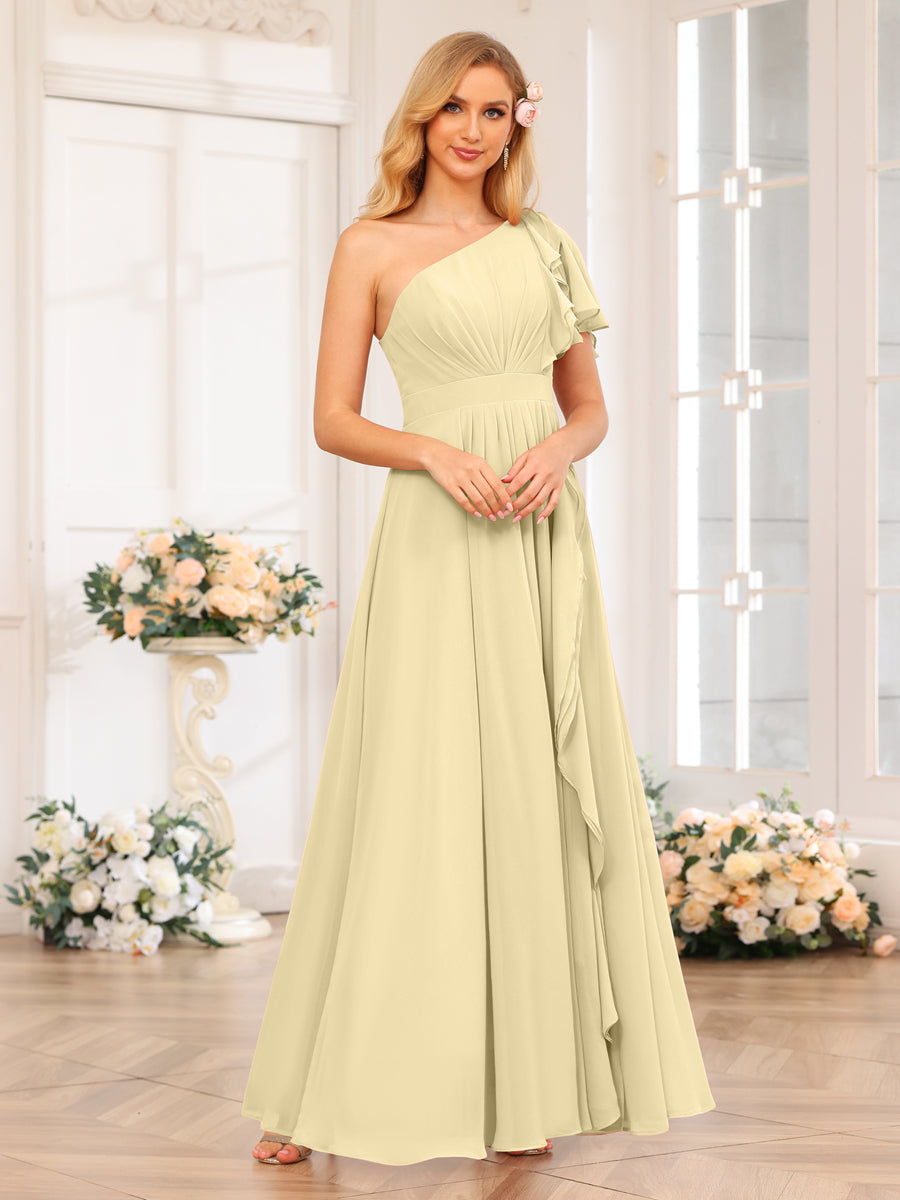 A-Line/Princess One-Shoulder Long Wedding Party Dresses with Split Side Yellow
