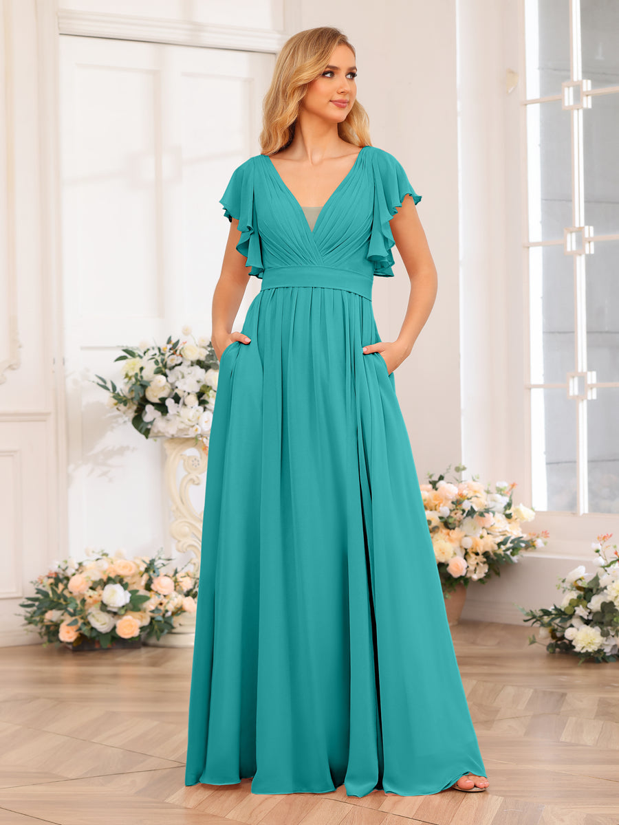 A-Line/Princess V-Neck Long Wedding Party Dresses with Split Side & Pockets Aqua Blue