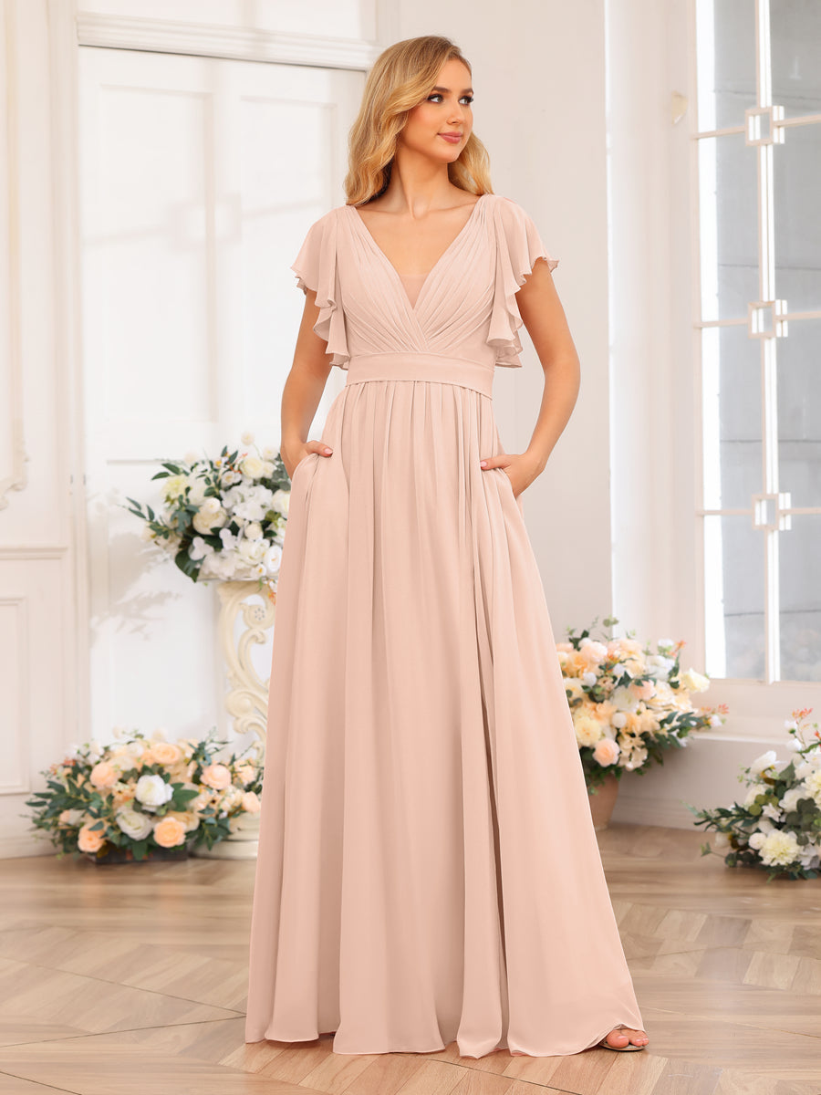 A-Line/Princess V-Neck Long Wedding Party Dresses with Split Side & Pockets Blush Pink