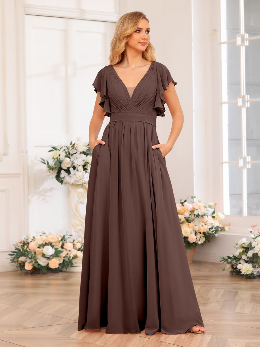 A-Line/Princess V-Neck Long Wedding Party Dresses with Split Side & Pockets Brown