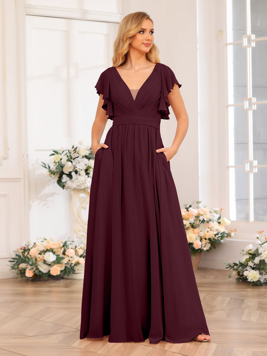 A-Line/Princess V-Neck Long Wedding Party Dresses with Split Side & Pockets Burgundy