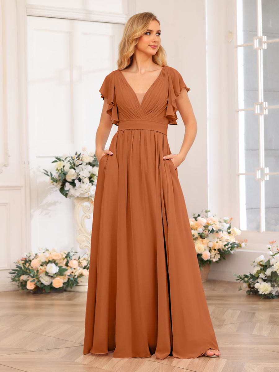 A-Line/Princess V-Neck Long Wedding Party Dresses with Split Side & Pockets Burnt Orange