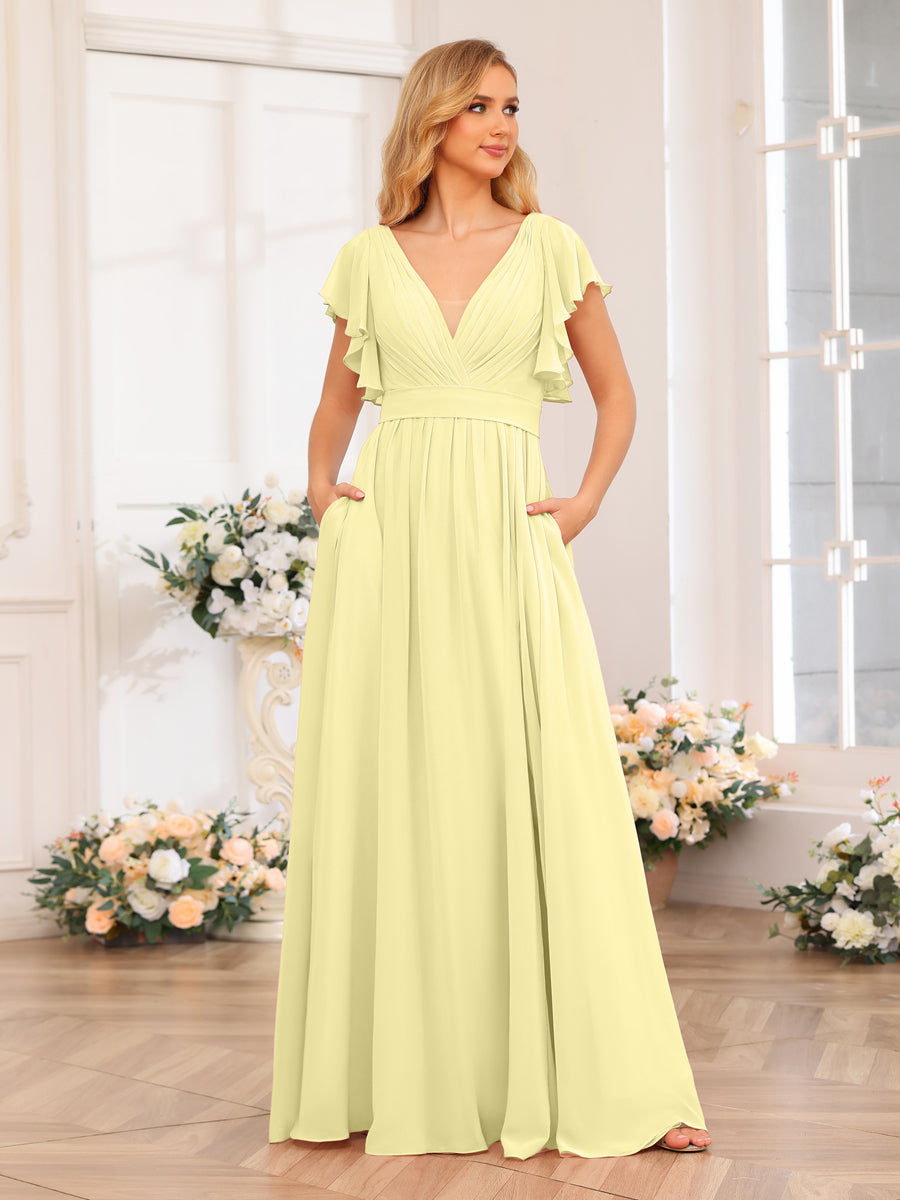 A-Line/Princess V-Neck Long Wedding Party Dresses with Split Side & Pockets Canary