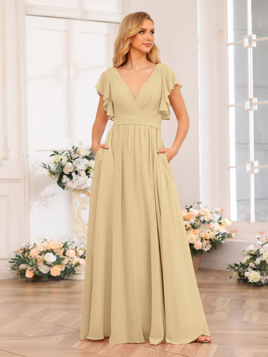 A-Line/Princess V-Neck Long Wedding Party Dresses with Split Side & Pockets Champagne
