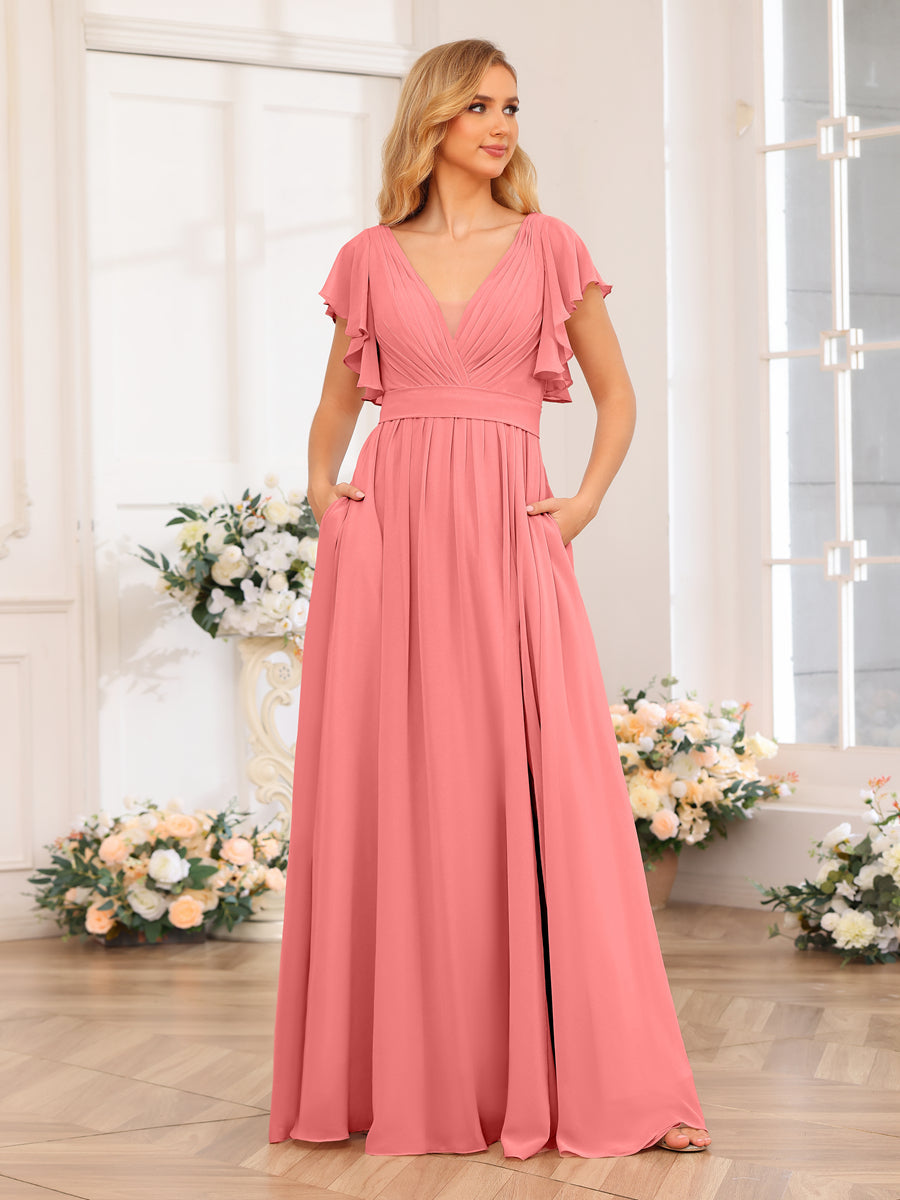 A-Line/Princess V-Neck Long Wedding Party Dresses with Split Side & Pockets Coral