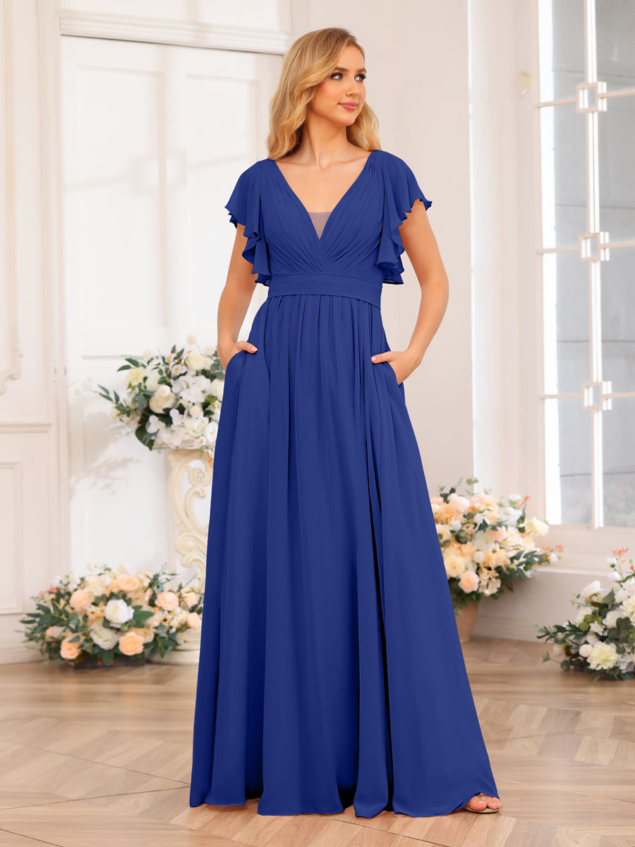 A-Line/Princess V-Neck Long Wedding Party Dresses with Split Side & Pockets Dark Royal Blue