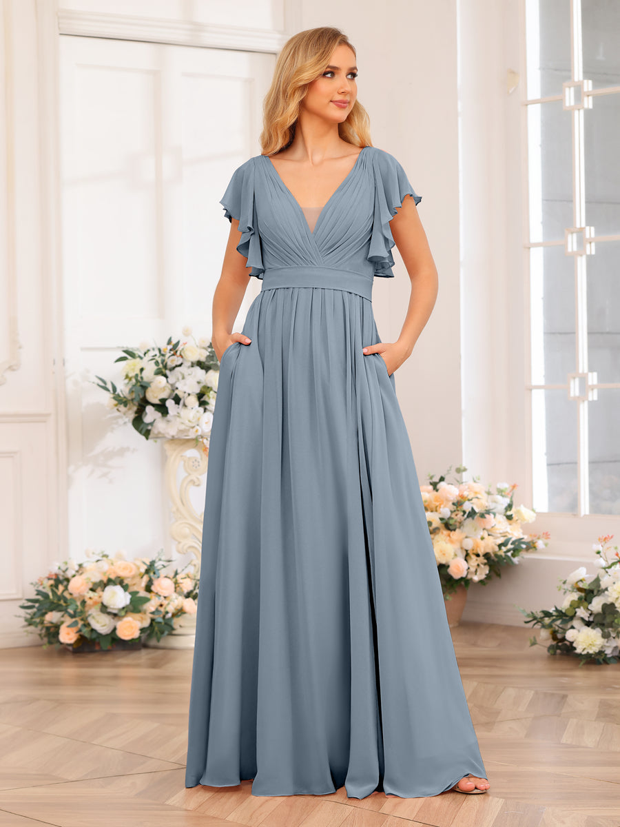 A-Line/Princess V-Neck Long Wedding Party Dresses with Split Side & Pockets Dusty Blue