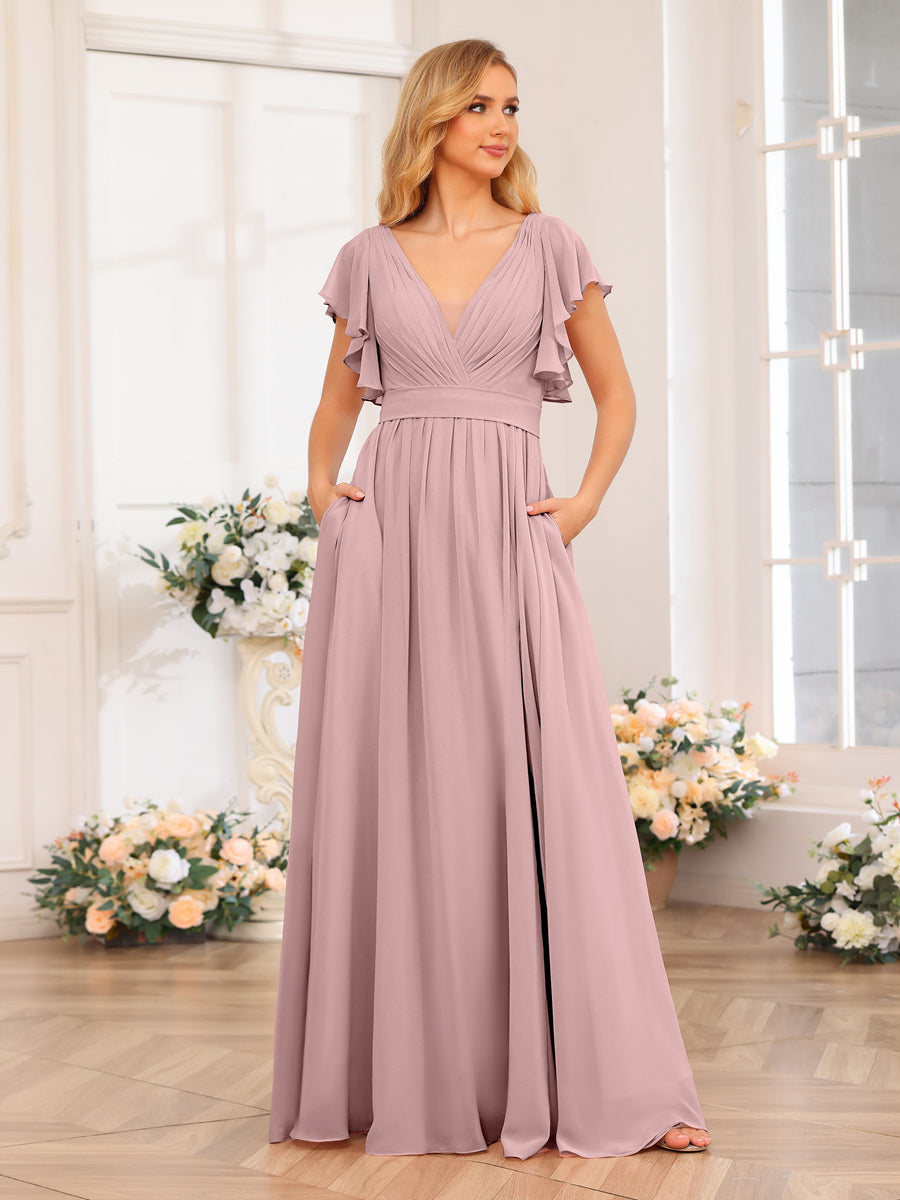 A-Line/Princess V-Neck Long Wedding Party Dresses with Split Side & Pockets Dusty Pink