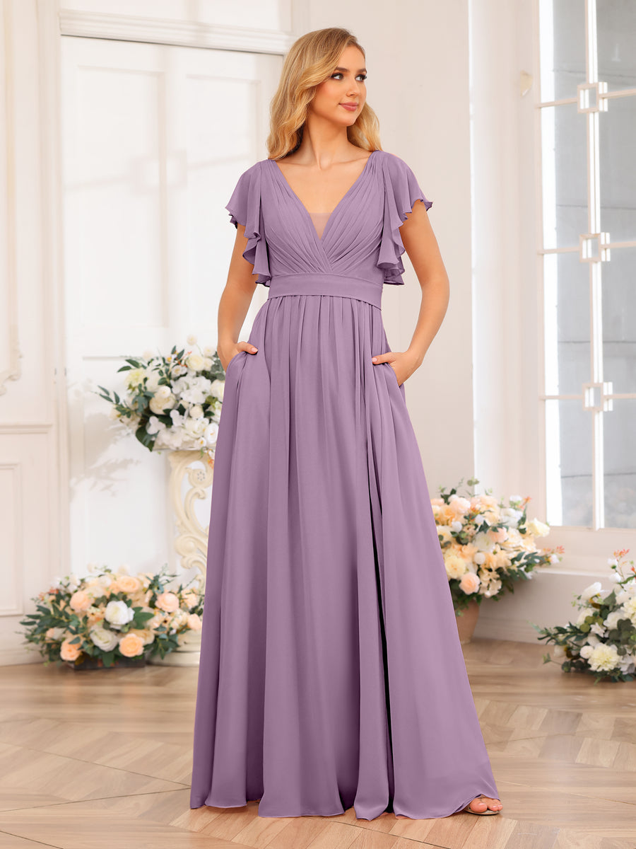 A-Line/Princess V-Neck Long Wedding Party Dresses with Split Side & Pockets Dusty Purple