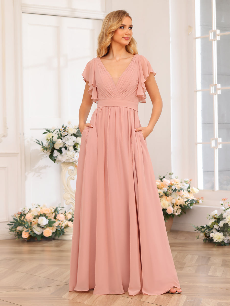 A-Line/Princess V-Neck Long Wedding Party Dresses with Split Side & Pockets Dusty Rose