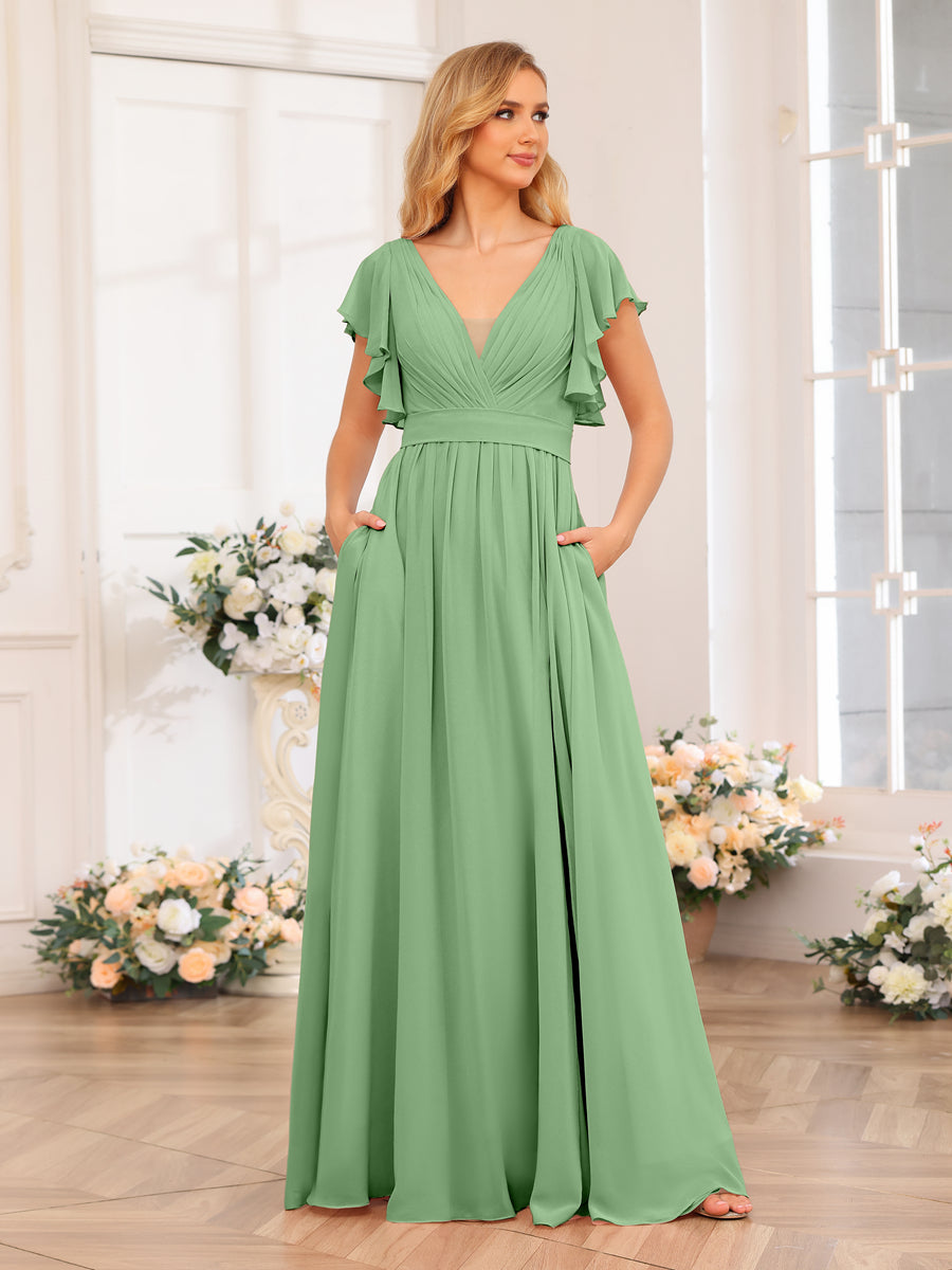 A-Line/Princess V-Neck Long Wedding Party Dresses with Split Side & Pockets Dusty Sage