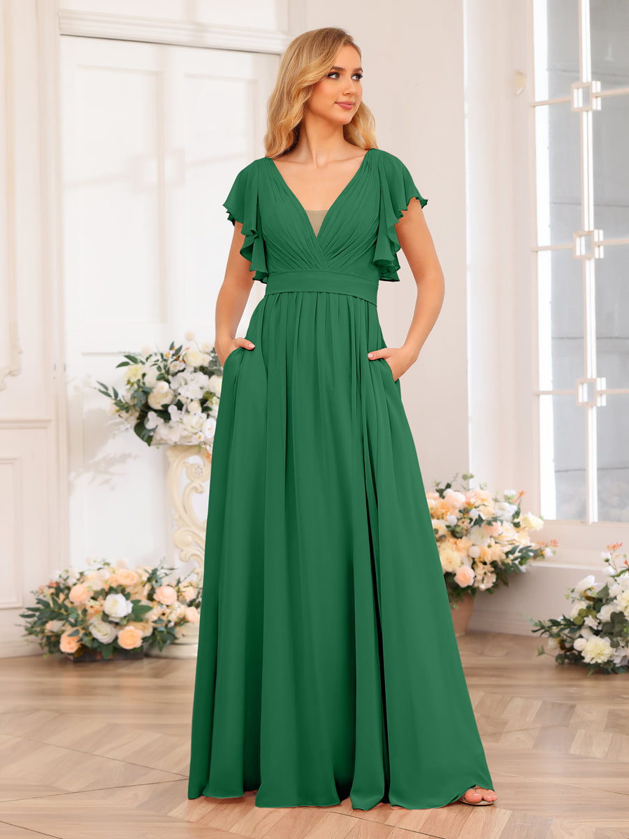 A-Line/Princess V-Neck Long Wedding Party Dresses with Split Side & Pockets Emerald