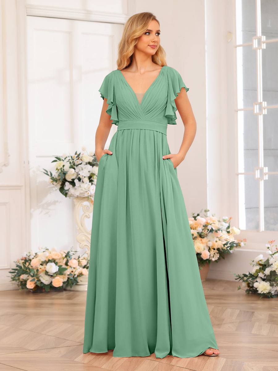 A-Line/Princess V-Neck Long Wedding Party Dresses with Split Side & Pockets Eucalyptus