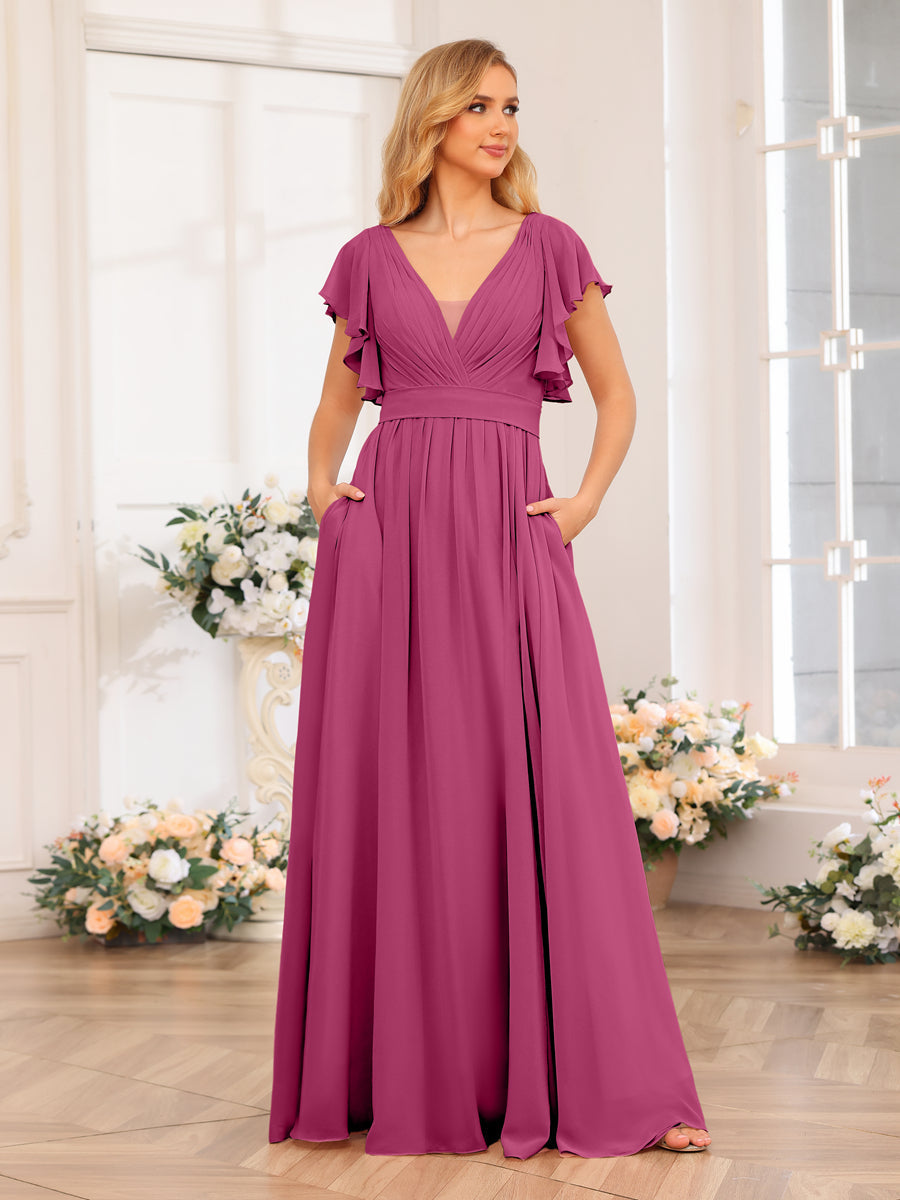 A-Line/Princess V-Neck Long Wedding Party Dresses with Split Side & Pockets Fuchsia