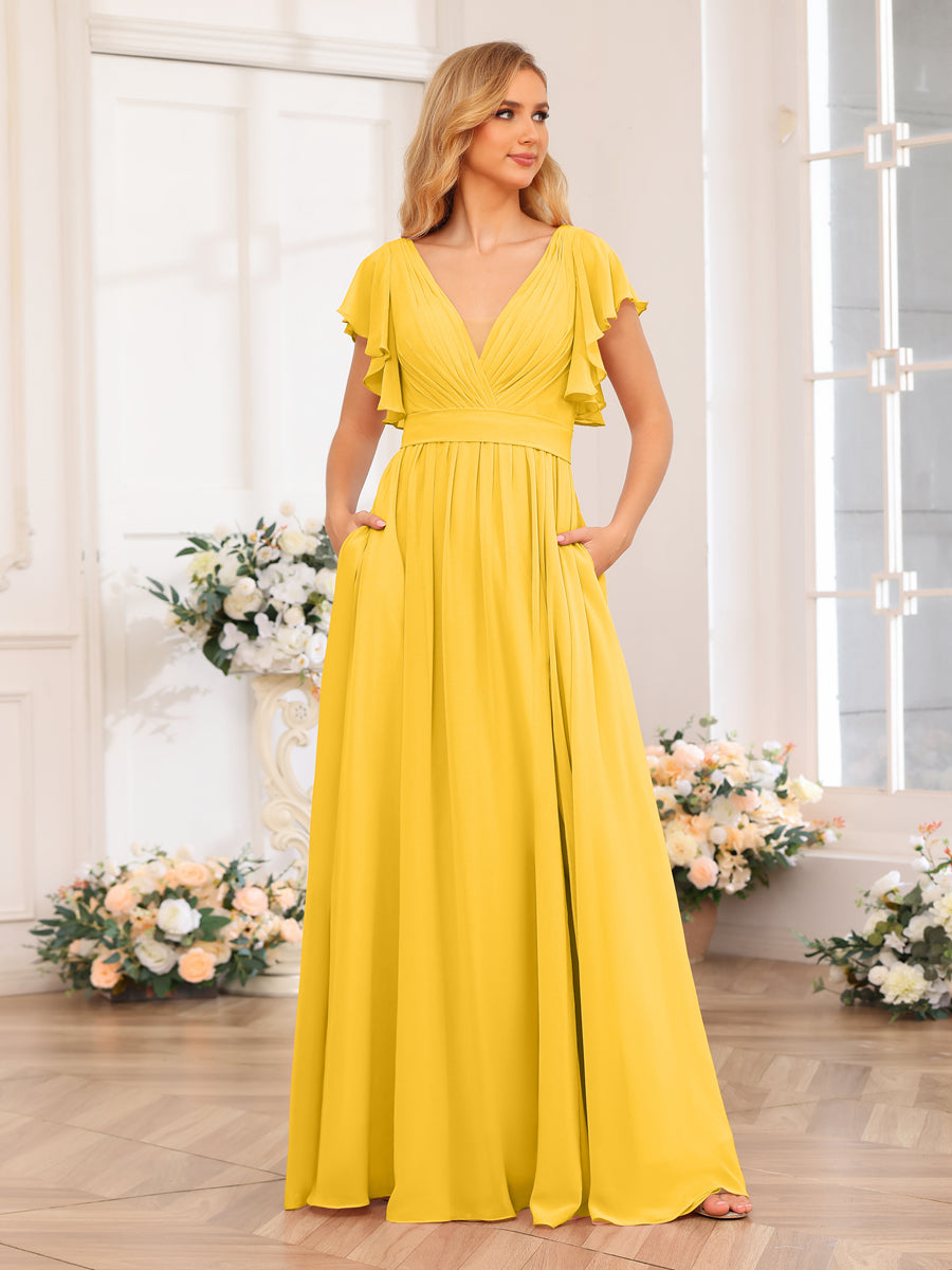 A-Line/Princess V-Neck Long Wedding Party Dresses with Split Side & Pockets Gold
