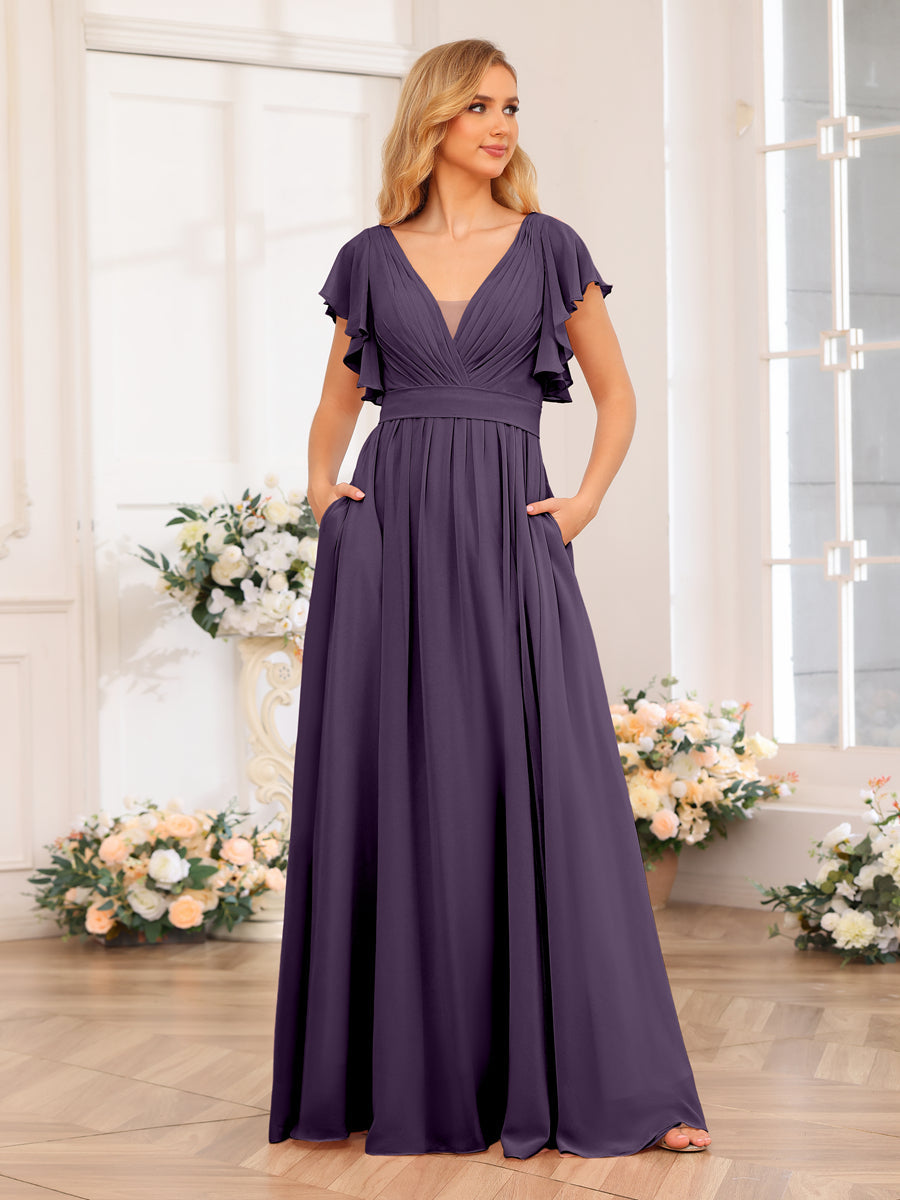 A-Line/Princess V-Neck Long Wedding Party Dresses with Split Side & Pockets Grape