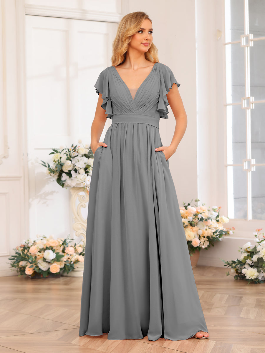 A-Line/Princess V-Neck Long Wedding Party Dresses with Split Side & Pockets Gray