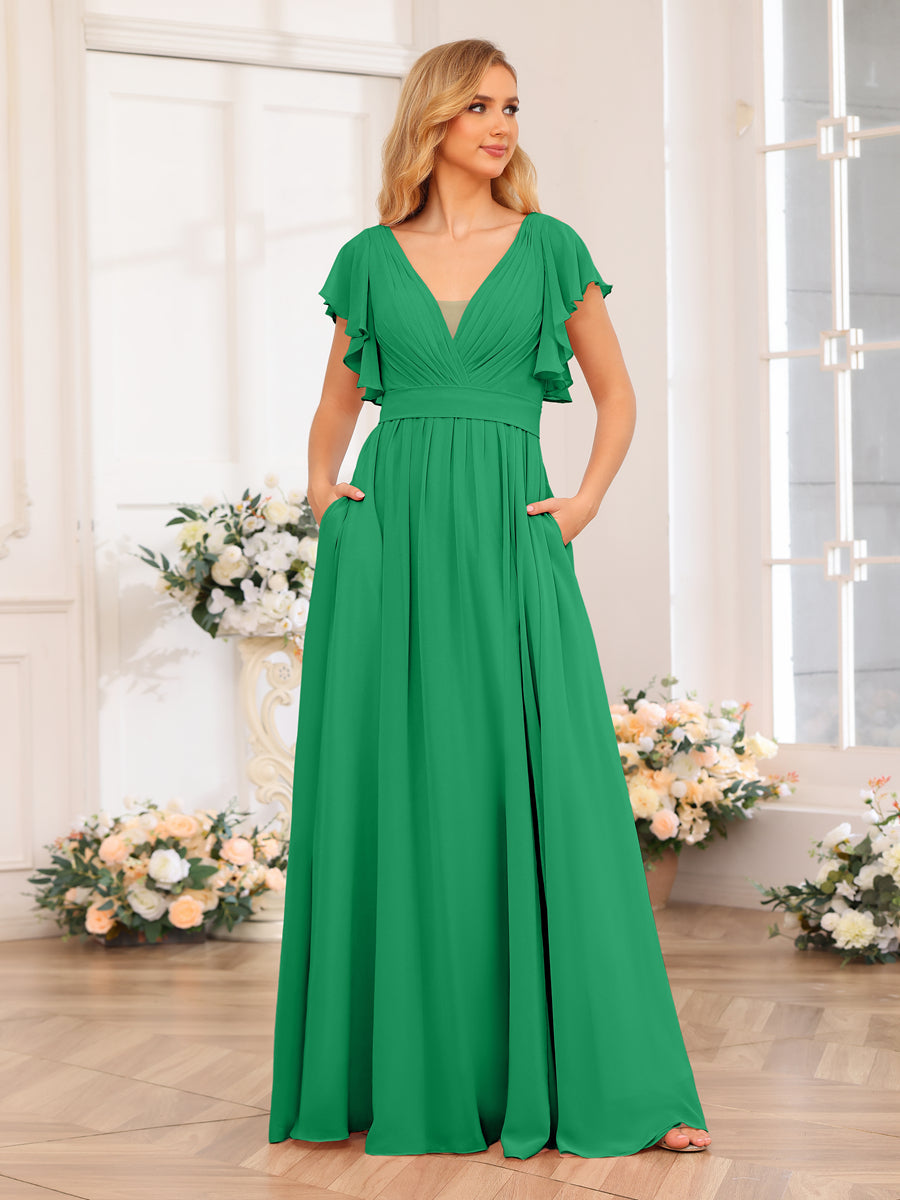 A-Line/Princess V-Neck Long Wedding Party Dresses with Split Side & Pockets Green