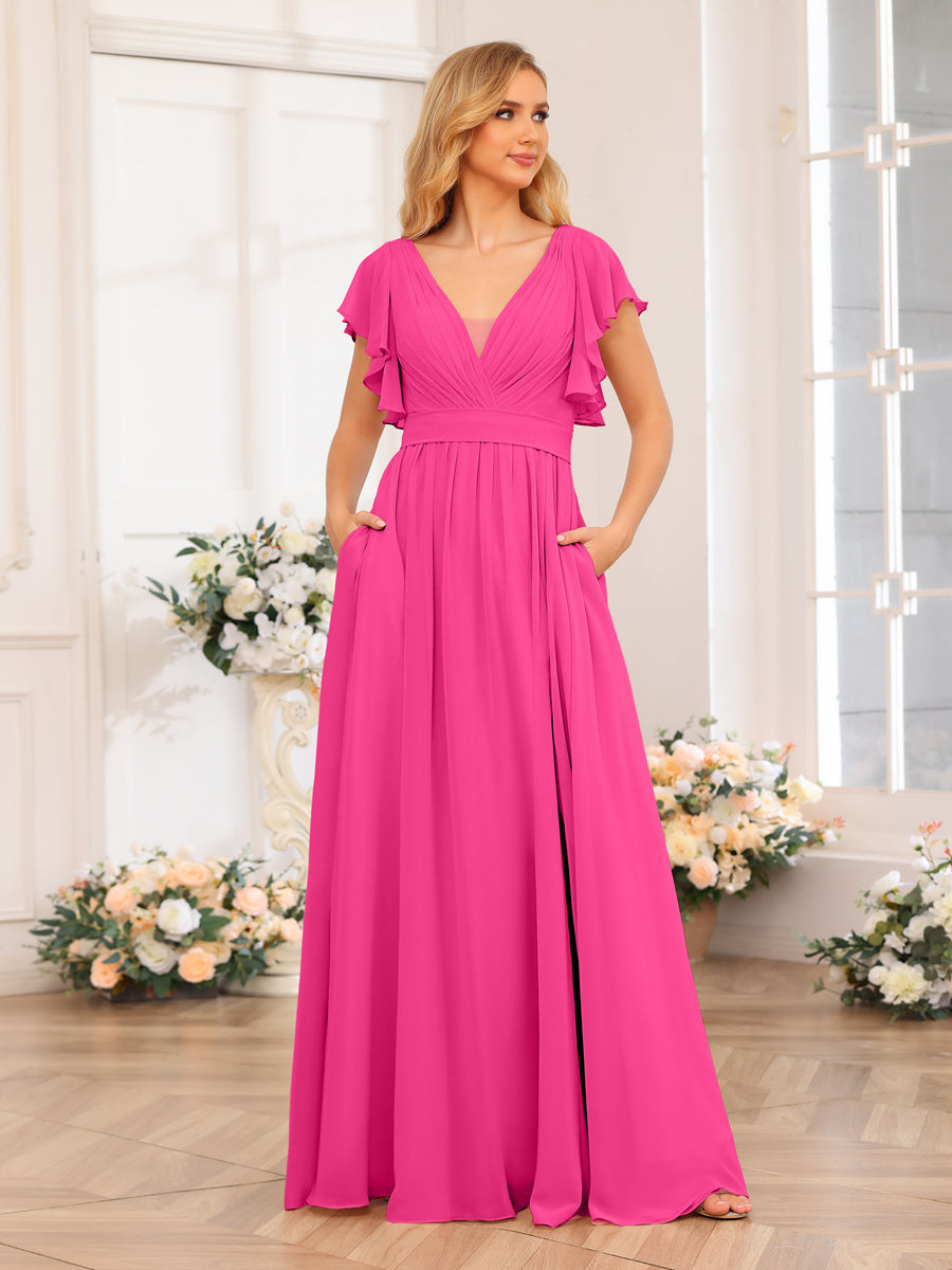 A-Line/Princess V-Neck Long Wedding Party Dresses with Split Side & Pockets Hot Pink