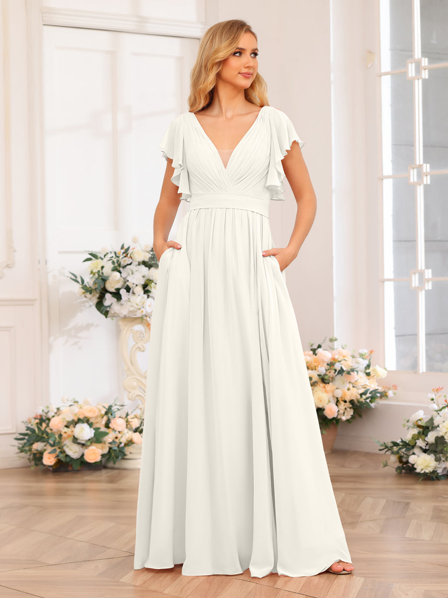 A-Line/Princess V-Neck Long Wedding Party Dresses with Split Side & Pockets Ivory