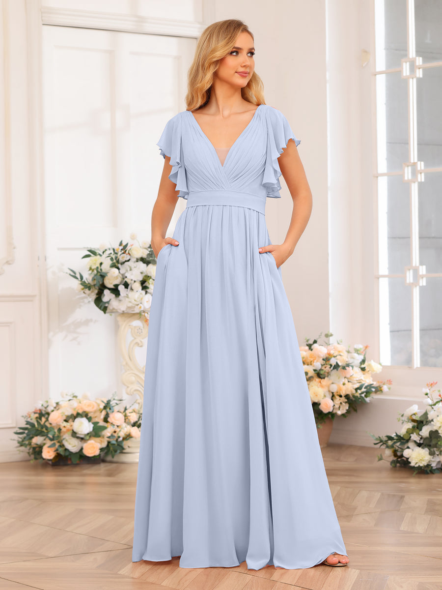 A-Line/Princess V-Neck Long Wedding Party Dresses with Split Side & Pockets Lavender