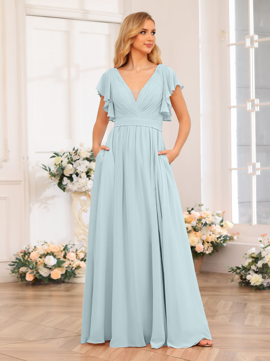 A-Line/Princess V-Neck Long Wedding Party Dresses with Split Side & Pockets Light Blue