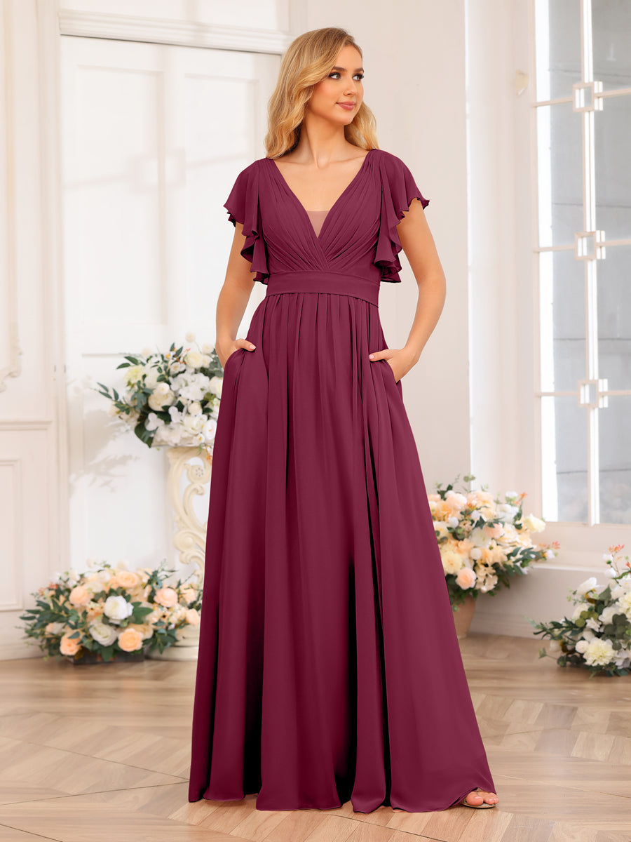 A-Line/Princess V-Neck Long Wedding Party Dresses with Split Side & Pockets Light Burgundy
