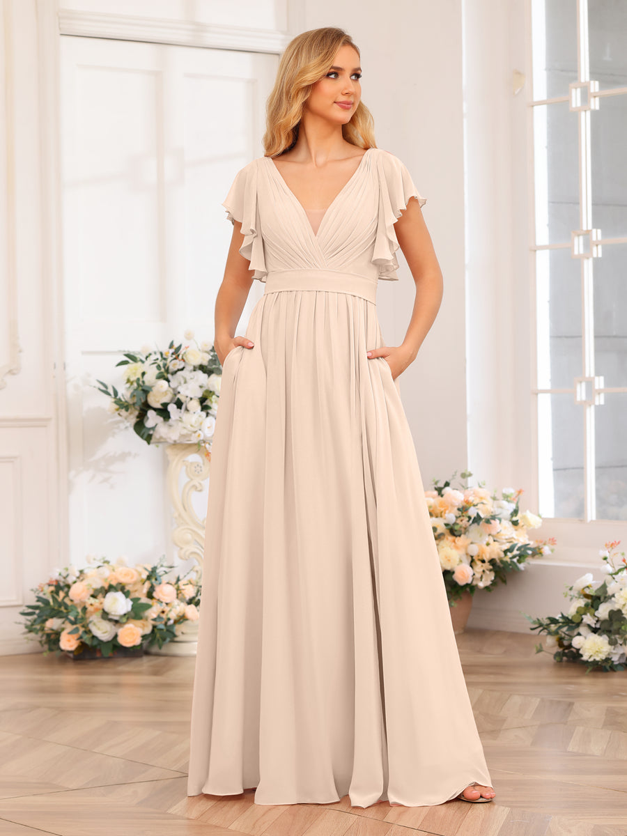 A-Line/Princess V-Neck Long Wedding Party Dresses with Split Side & Pockets Light Champagne