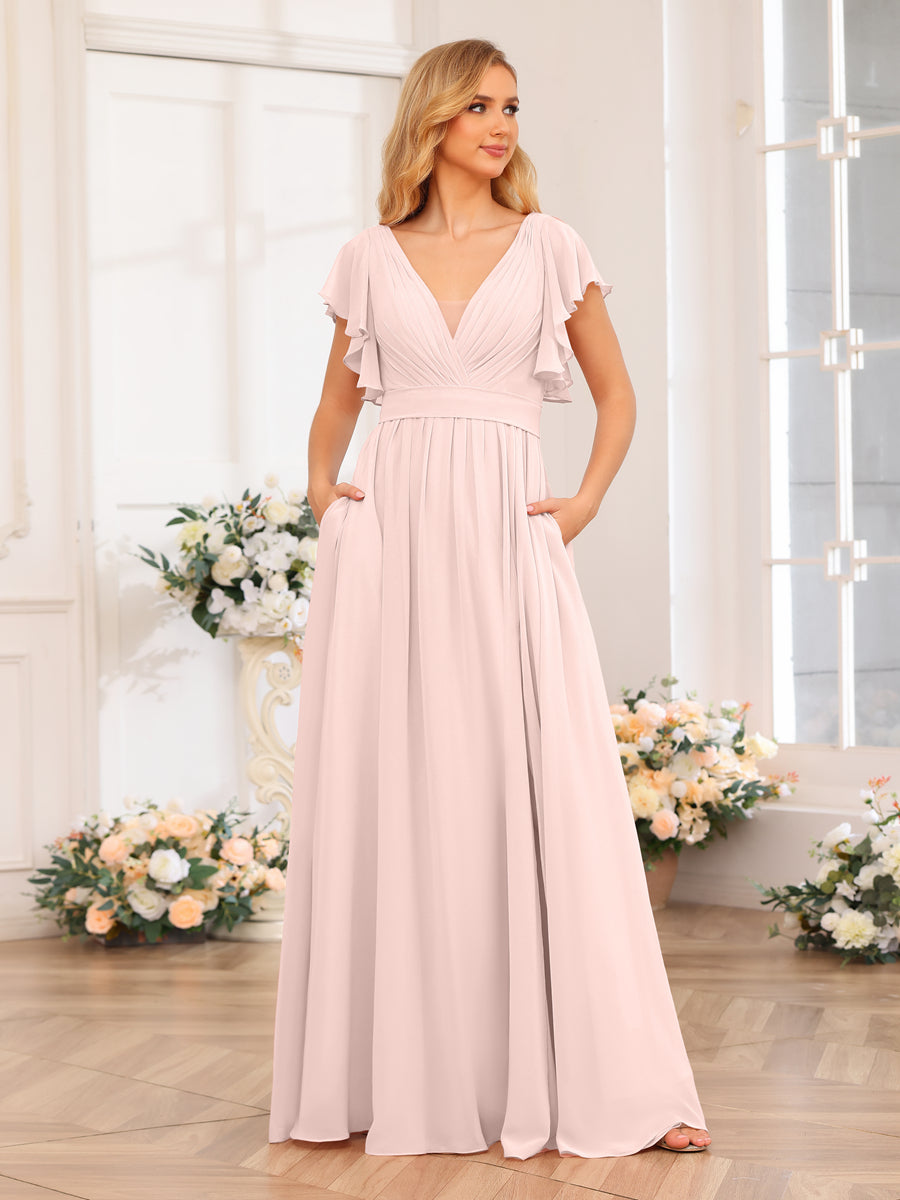 A-Line/Princess V-Neck Long Wedding Party Dresses with Split Side & Pockets Light Pink