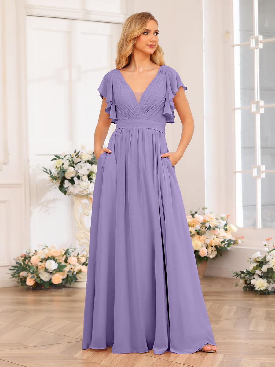A-Line/Princess V-Neck Long Wedding Party Dresses with Split Side & Pockets Light Purple