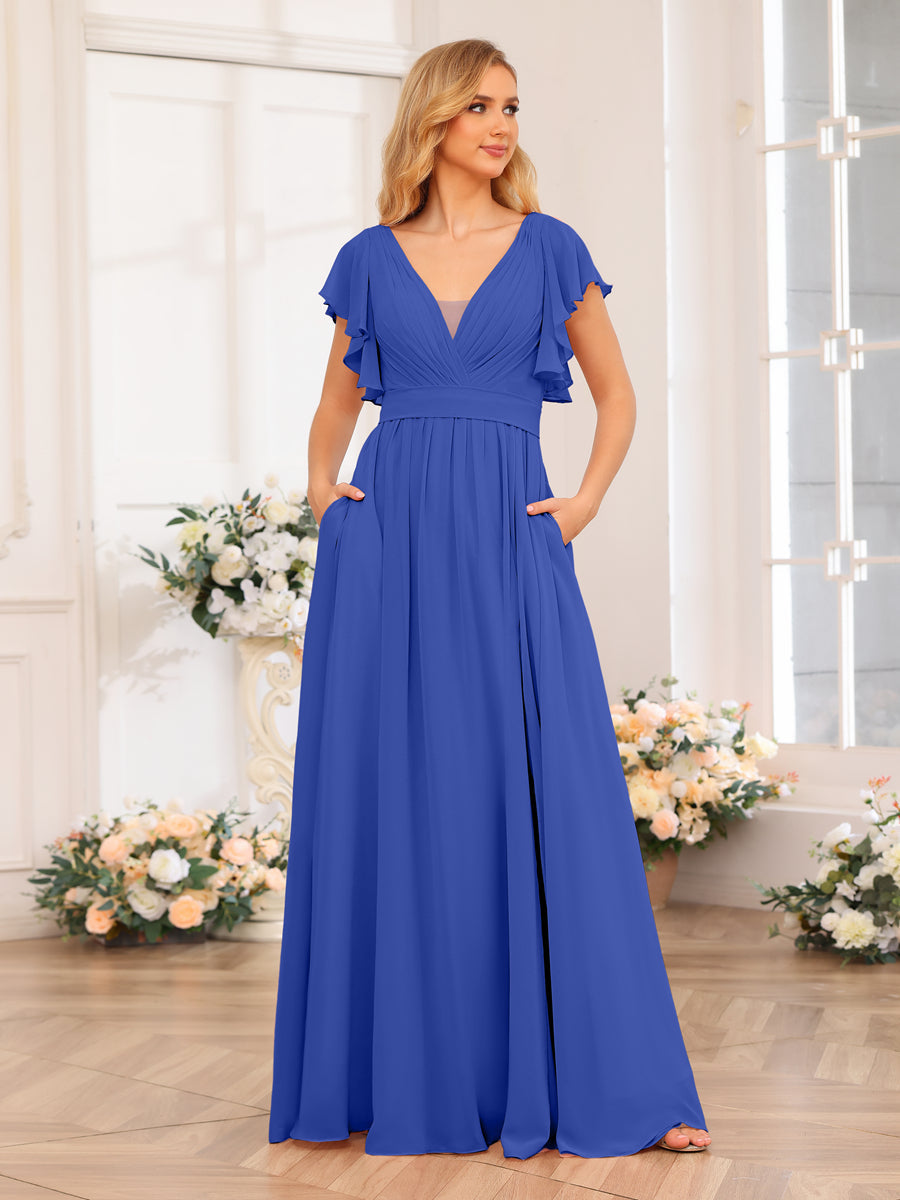 A-Line/Princess V-Neck Long Wedding Party Dresses with Split Side & Pockets Light Royal Blue