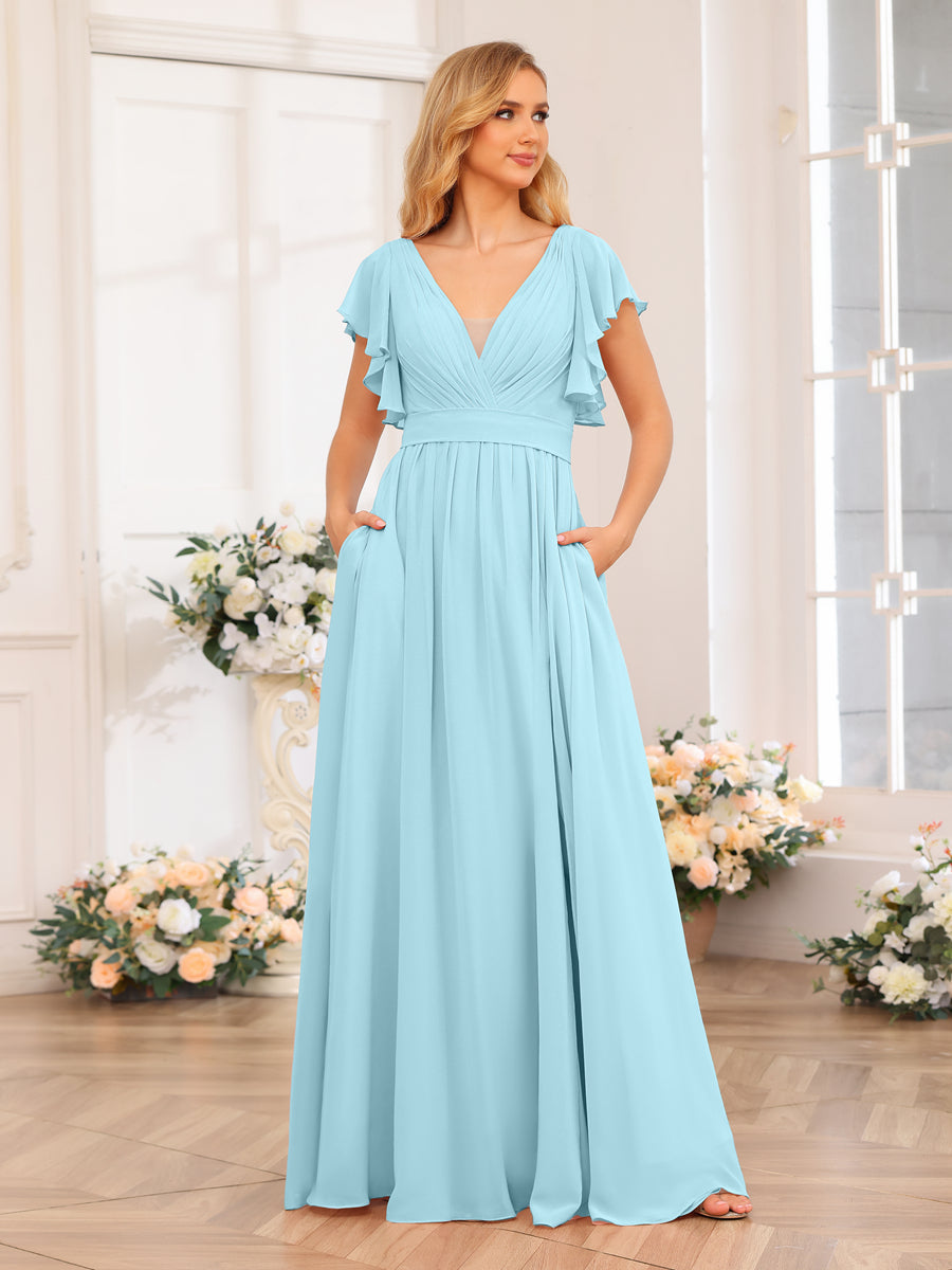 A-Line/Princess V-Neck Long Wedding Party Dresses with Split Side & Pockets Light Sky Blue