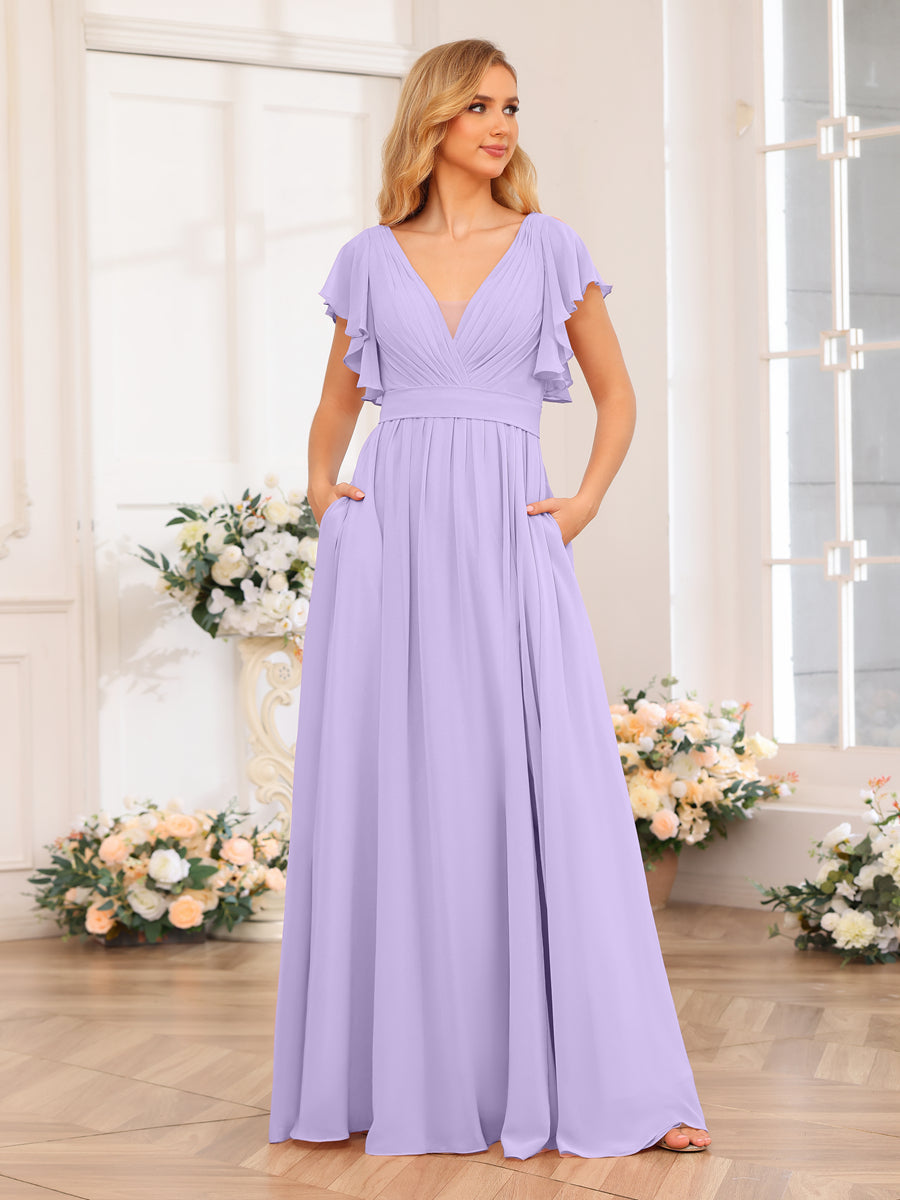 A-Line/Princess V-Neck Long Wedding Party Dresses with Split Side & Pockets Lilac