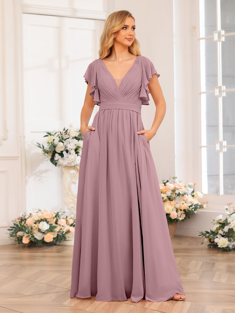 A-Line/Princess V-Neck Long Wedding Party Dresses with Split Side & Pockets Mauve
