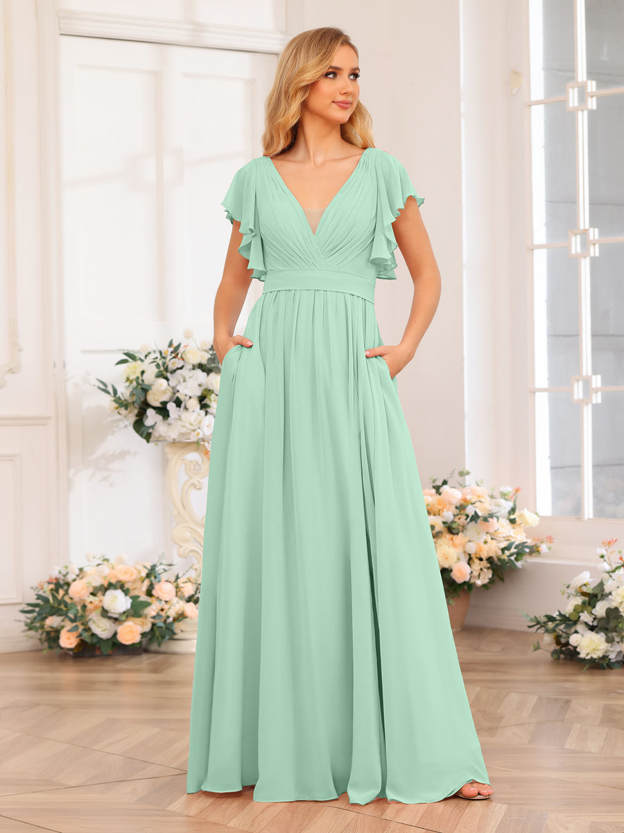 A-Line/Princess V-Neck Long Wedding Party Dresses with Split Side & Pockets Mint Green