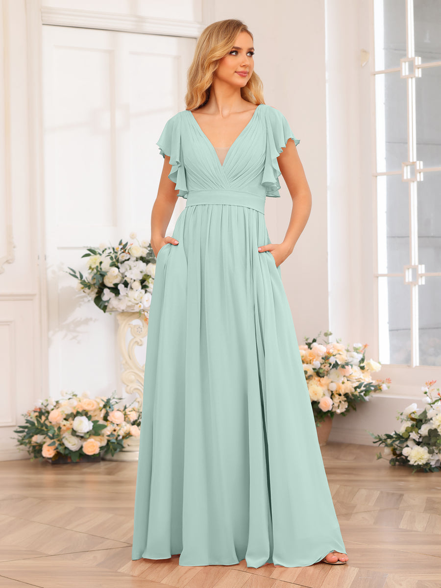 A-Line/Princess V-Neck Long Wedding Party Dresses with Split Side & Pockets Mist Blue