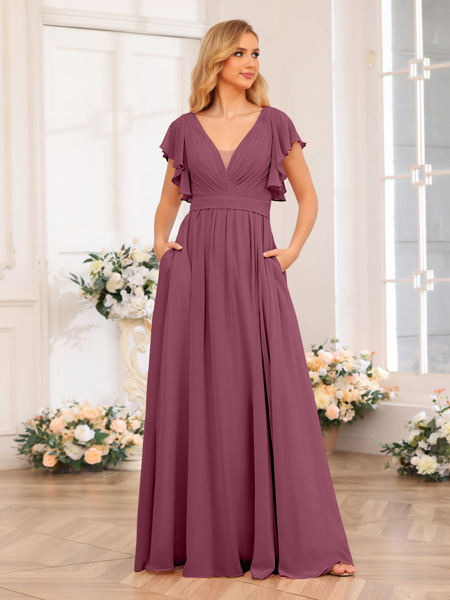 A-Line/Princess V-Neck Long Wedding Party Dresses with Split Side & Pockets Mulberry
