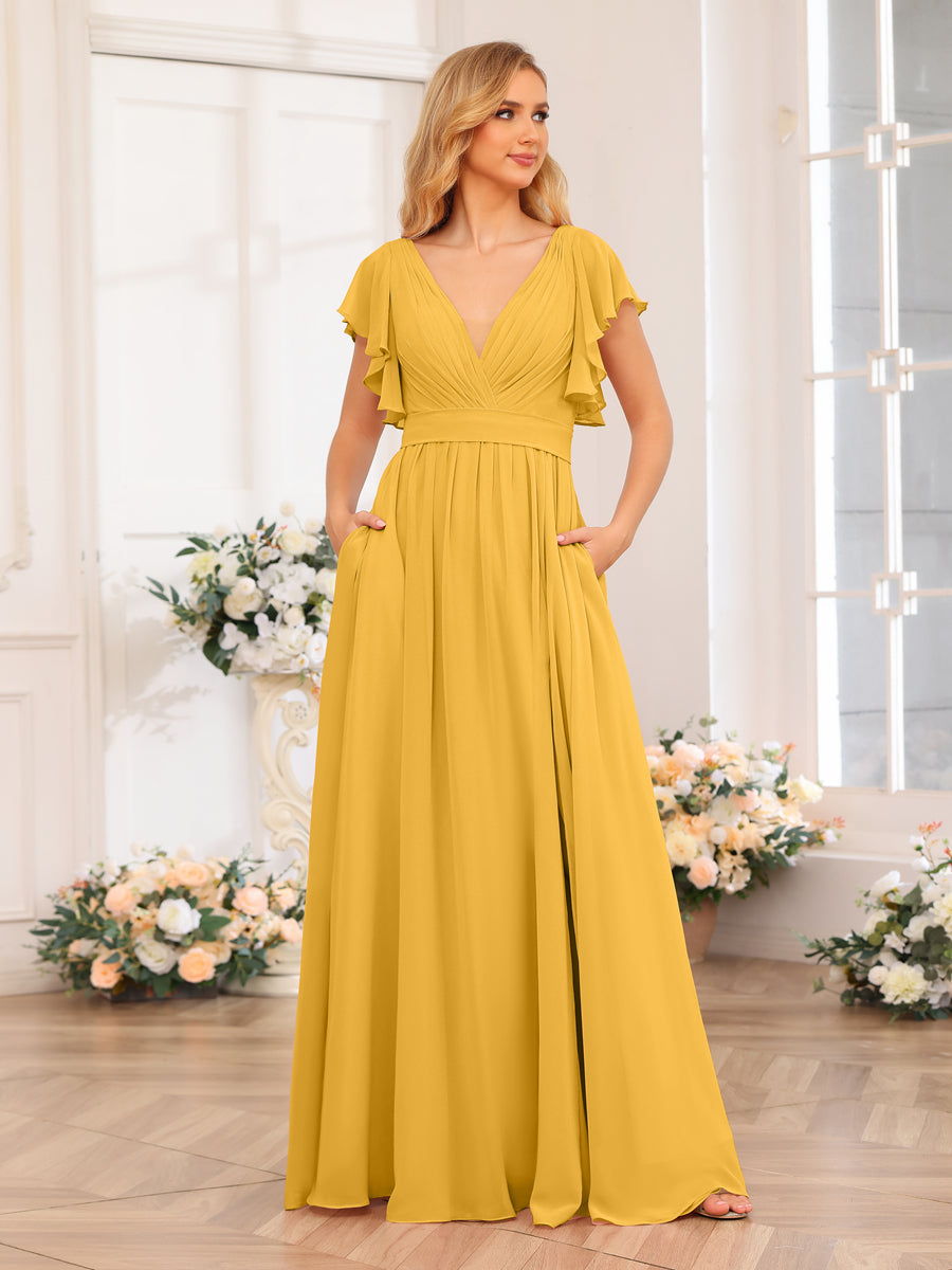A-Line/Princess V-Neck Long Wedding Party Dresses with Split Side & Pockets Mustard Yellow