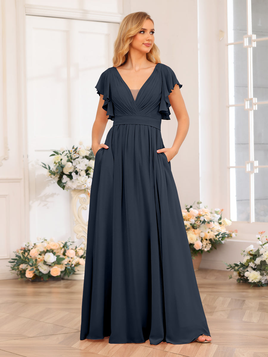 A-Line/Princess V-Neck Long Wedding Party Dresses with Split Side & Pockets Navy Blue