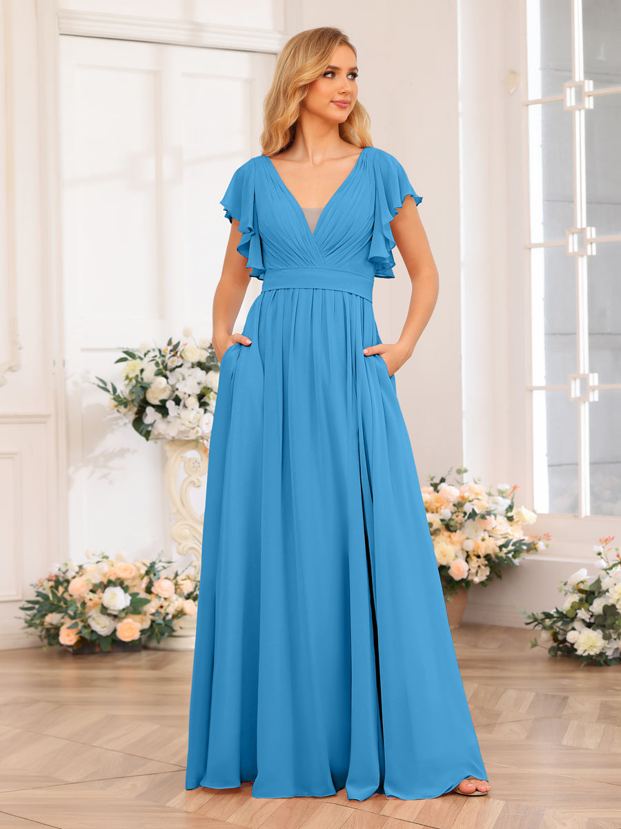 A-Line/Princess V-Neck Long Wedding Party Dresses with Split Side & Pockets Ocean Blue