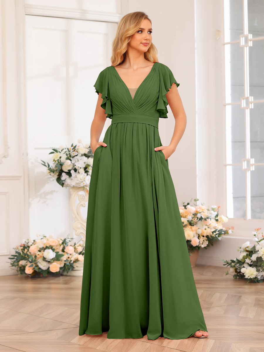 A-Line/Princess V-Neck Long Wedding Party Dresses with Split Side & Pockets Olive Green